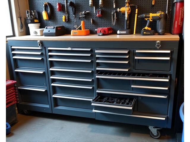 Heavy-duty modular drawers organizing tools and hardware in a garage workshop.