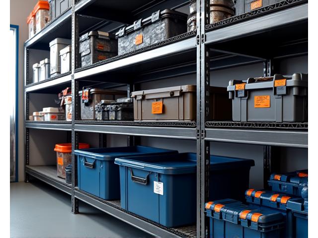 Heavy-duty steel shelving system for garage with tools and storage bins