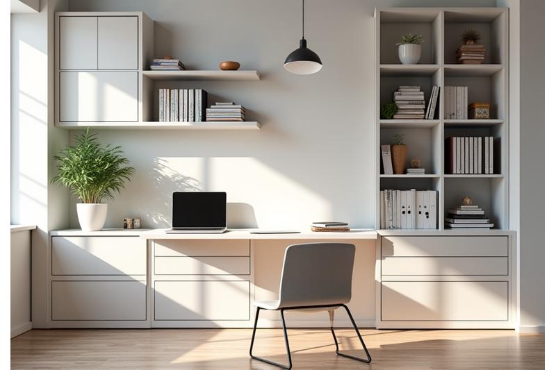 Modern, minimalist home office with integrated modular desk and shelving