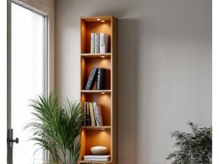 A sleek, tall vertical storage tower organizer in a corner of a small living room, maximizing vertical space.