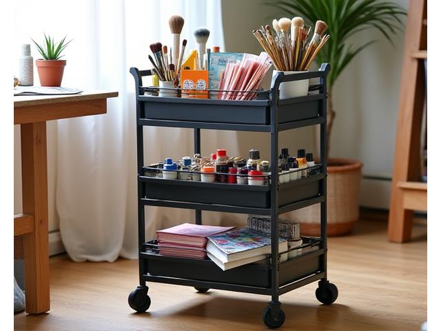 A multi-tiered rolling cart organizer, fully loaded with art supplies and craft materials, positioned next to a crafter's table, showcasing its portability and versatile storage capacity.