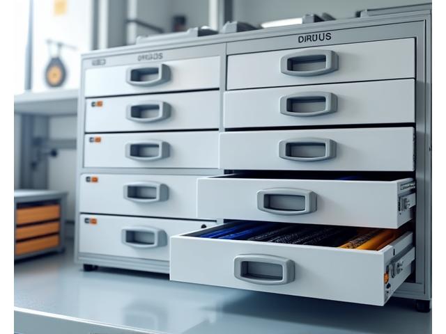 Stackable, lockable modular drawer units designed for small parts storage, neatly arranged on a workbench.