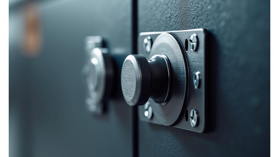 Close-up of a heavy-duty, pick-resistant locking mechanism on a modular storage drawer, highlighting its robust construction and security features.